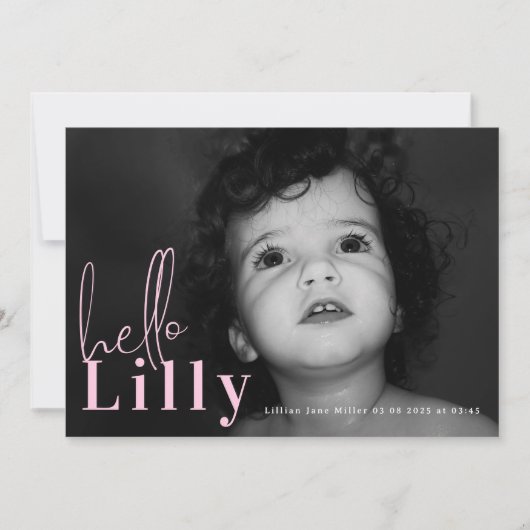 Faire-part Script Hello Nom Rose Girl Minimalist Photo Baby (Devant)
