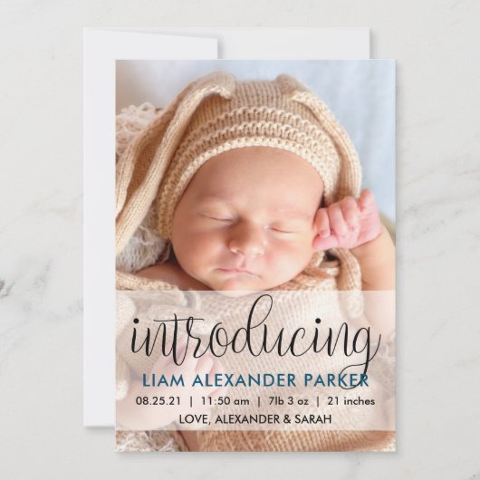 Faire-part Script Introduire Dark Blue Baby Boy Photo (Devant)