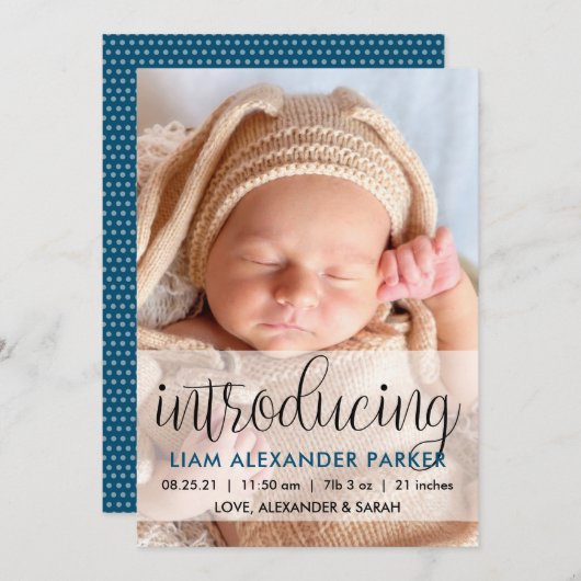 Faire-part Script Introduire Dark Blue Baby Boy Photo (Devant / Derrière)