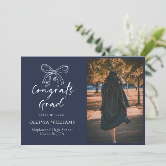 Faire-part Script manuscrit Marine Bleu Graduation (Debout devant)