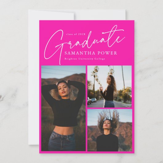 Faire-part Script moderne 3 Photos Pink Graduation (Devant)