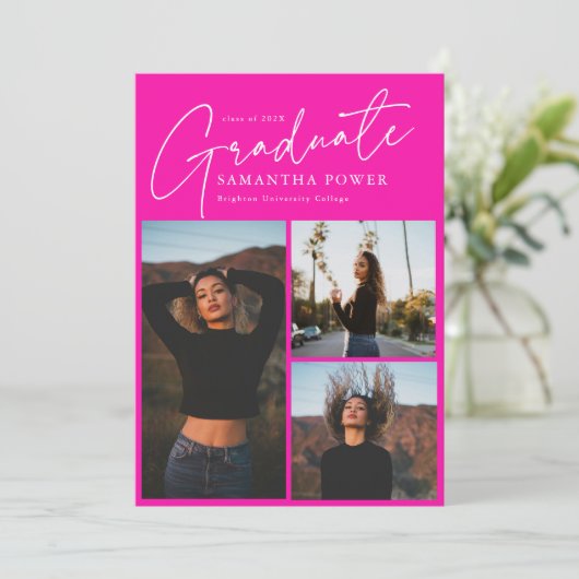 Faire-part Script moderne 3 Photos Pink Graduation (Debout devant)