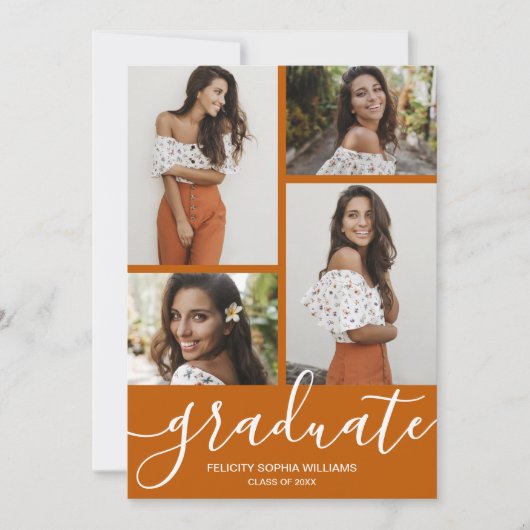 Faire-part Script moderne 4 Photo Burnt Orange Graduation (Devant)