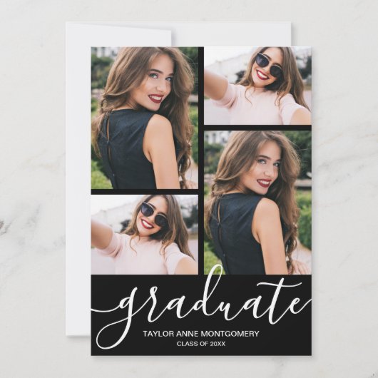 Faire-part Script moderne 4 Photo Graduation noire (Devant)