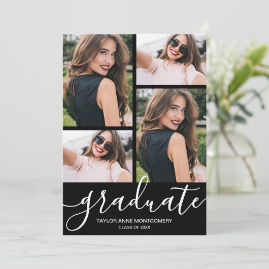 Faire-part Script moderne 4 Photo Graduation noire (Debout devant)