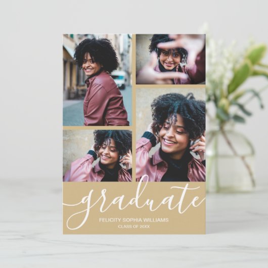 Faire-part Script moderne 4 Photo Léger Gold Graduation (Debout devant)