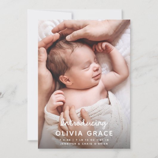 Faire-part Script moderne amusant Introduire la naissance béb (Devant)