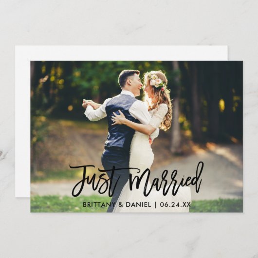 Faire-part Script moderne de pinceau juste marié photo (Devant / Derrière)
