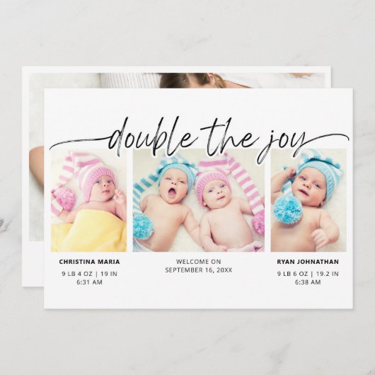 Faire-part Script moderne Double La Joy 4 Photos (Devant / Derrière)