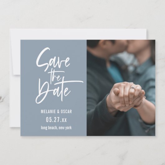 Faire-part Script Moderne Dusty Blue Photo Enregistrer La Dat (Devant)