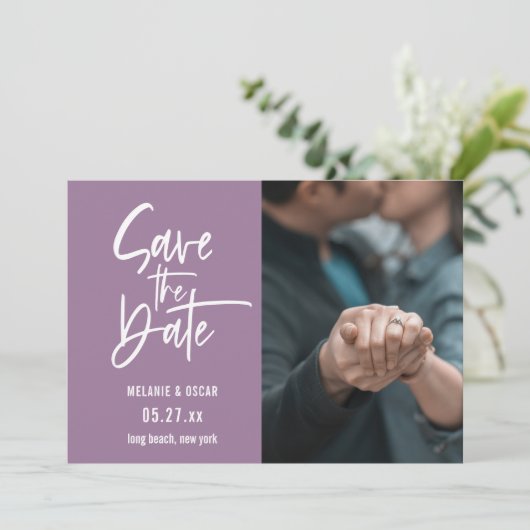 Faire-part Script Moderne Dusty Lavender Photo Enregistrer La (Debout devant)