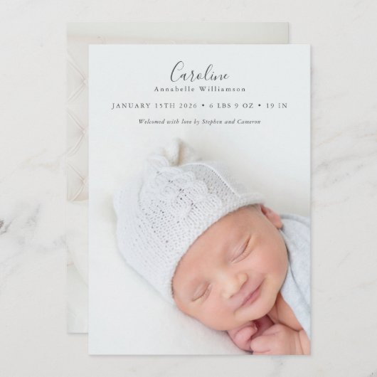 Faire-part Script moderne élégant 2 Photo Overlay Stats Naiss (Devant / Derrière)