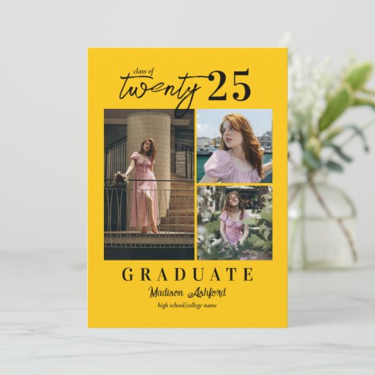 Faire-part Script moderne Jaune 3 photo Collage Graduation (Debout devant)
