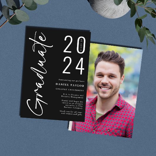 Faire-part Script moderne noir 2024 Diplôme photo