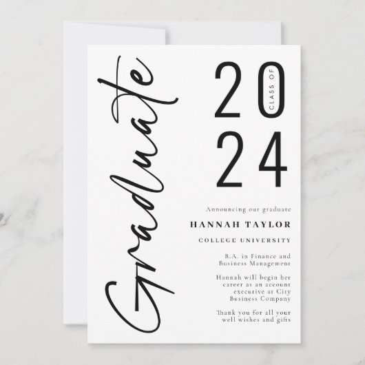 Faire-part Script moderne noir blanc 2024 Diplôme photo (Devant)