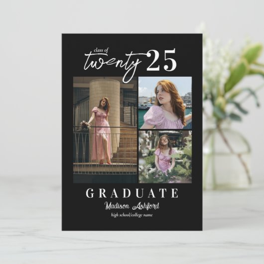 Faire-part Script moderne noir blanc photo collage Graduation (Debout devant)