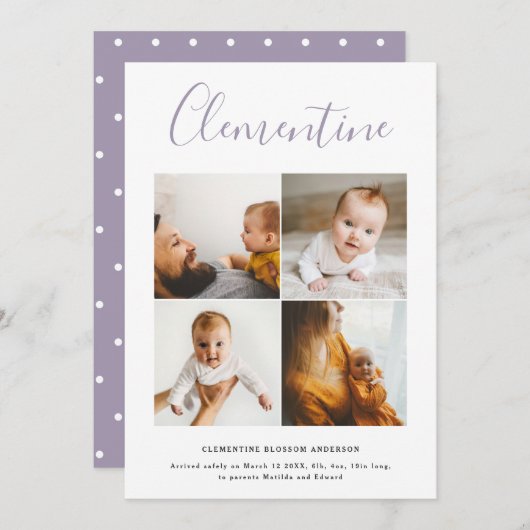 Faire-part Script moderne nom multi photo polka point naissan (Devant / Derrière)