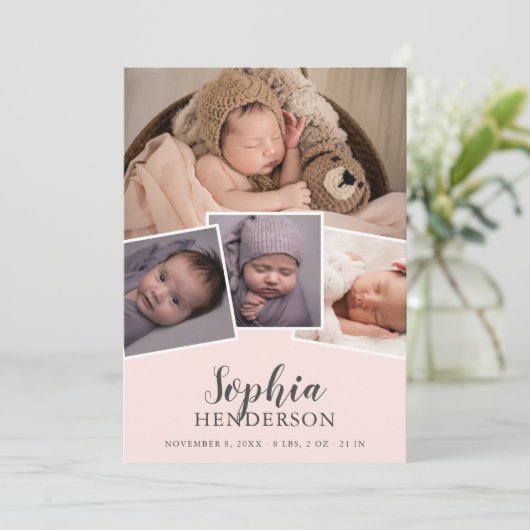 Faire-part Script moderne Photo Blush rose Naissance (Debout devant)