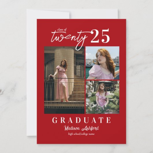 Faire-part Script moderne Rouge 3 Photo Collage Graduation (Devant)