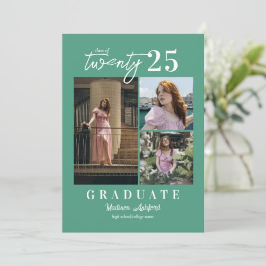 Faire-part Script moderne Turquoise 3 photo Collage Graduatio (Debout devant)