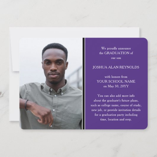 Faire-part Script moderne violet blanc 4 photo Graduation (Dos)