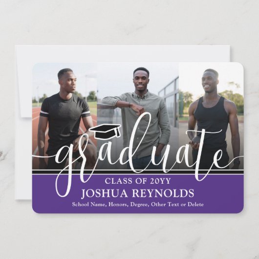 Faire-part Script moderne violet blanc 4 photo Graduation (Devant)