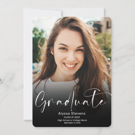 Faire-part Script noir blanc moderne 2 photos graduation (Devant)