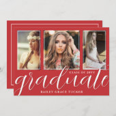 Faire-part Script Red Graduate 3-Photo Graduate (Devant / Derrière)