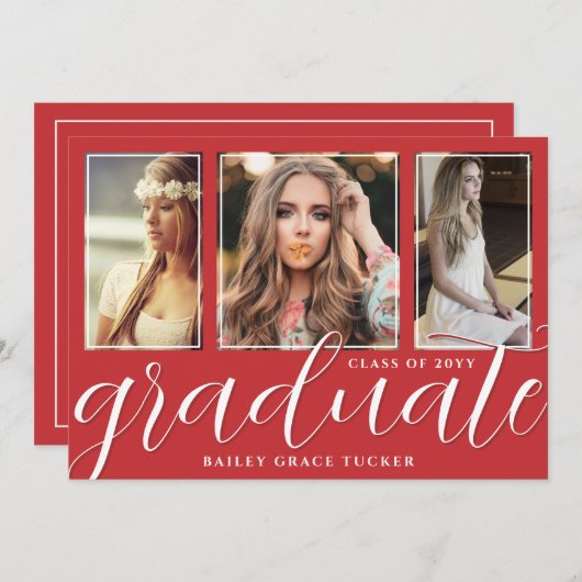 Faire-part Script Red Graduate 3-Photo Graduate (Devant / Derrière)