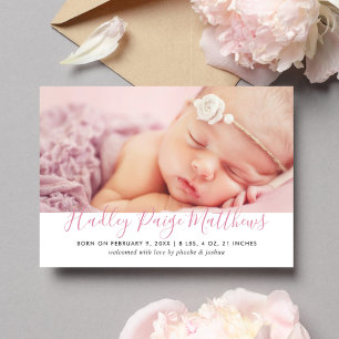 Faire-part Script rose moderne bébé fille photo naissance
