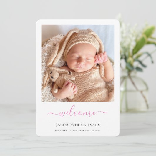 Faire-part Script rose moderne Bienvenue Photo Girl Baby (Debout devant)