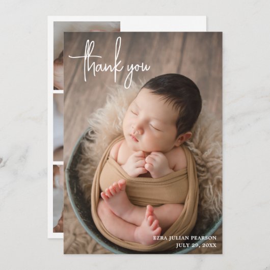 Faire-part Script simple et moderne Photo Collage Merci naiss (Devant / Derrière)