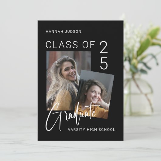 Faire-part Script tendance Black 2 Photos Graduation Party (Debout devant)