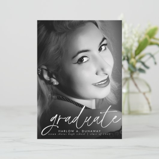 Faire-part Script tendance blanc superposition deux diplômes  (Debout devant)