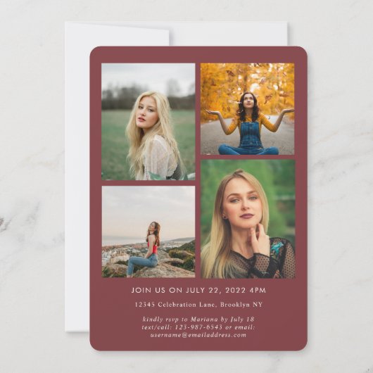 Faire-part Script tendance Bourgogne Photo Collage Graduation (Dos)