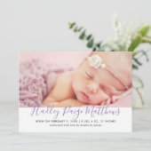 Faire-part Script violet moderne bébé fille photo naissance (Debout devant)