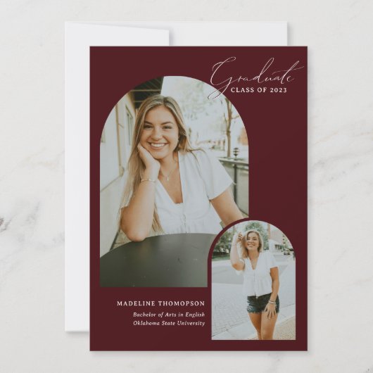 Faire-part Script Whimsical Burgundy Arch Photo Graduation (Devant)