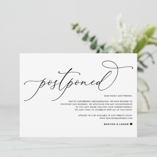 Faire-part Script Whimsical Mariage noir Postponction (Debout devant)