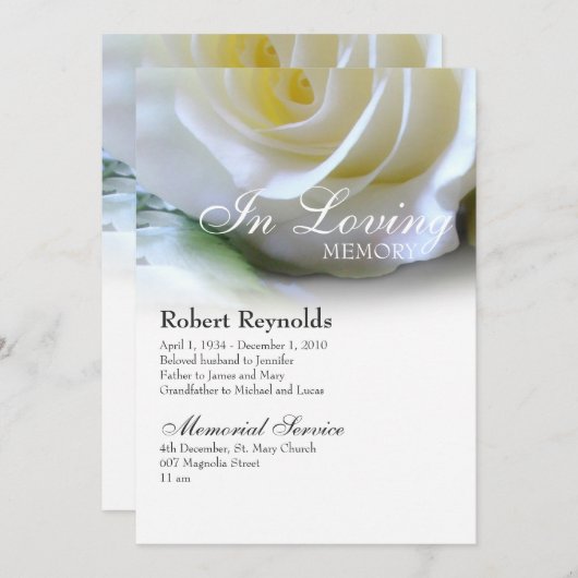 Faire-part Service funéraire Floral Rose blanche (Devant / Derrière)
