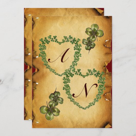 Faire-part SHAMROCK COEURS MONOGRAMME PARCHEMENT senti (Devant / Derrière)