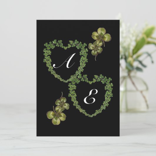 Faire-part SHAMROCK COEURS MONOGRAMME Vert noir (Debout devant)