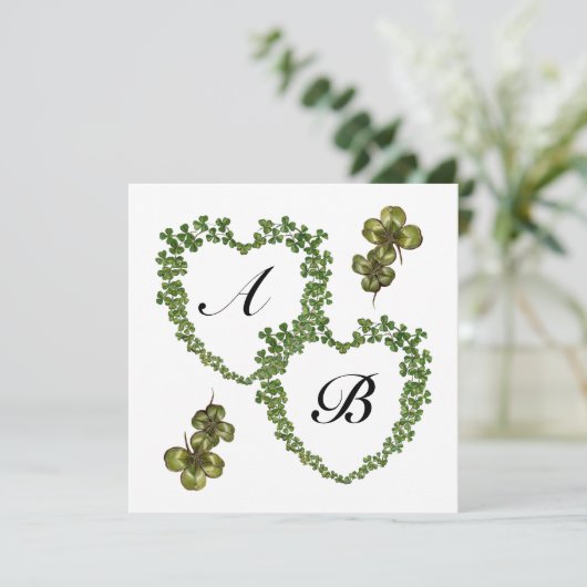 Faire-part SHAMROCK COEURS MONOGRAS vert violet champagne (Debout devant)