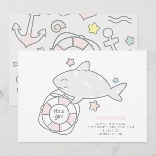 Faire-part Shark Ahoy Baby Girl Birth (Devant / Derrière)