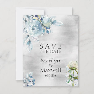 Faire-part Silver Dusty Blue Peony Mariage Enregistrer La Dat