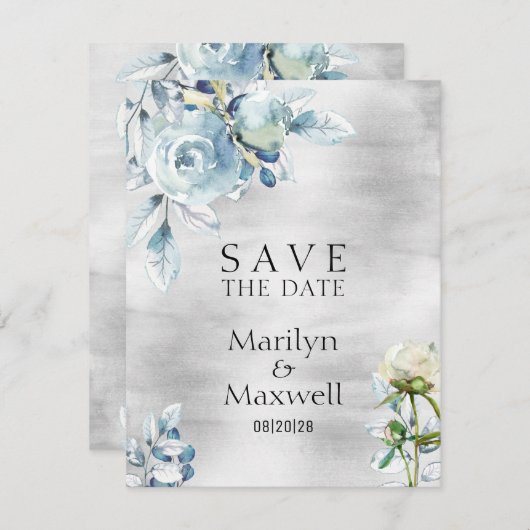 Faire-part Silver Dusty Blue Peony Mariage Enregistrer La Dat (Devant / Derrière)