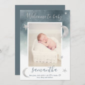 Faire-part Silver lune étoiles bleu aquarelle photo bébé nais (Devant / Derrière)