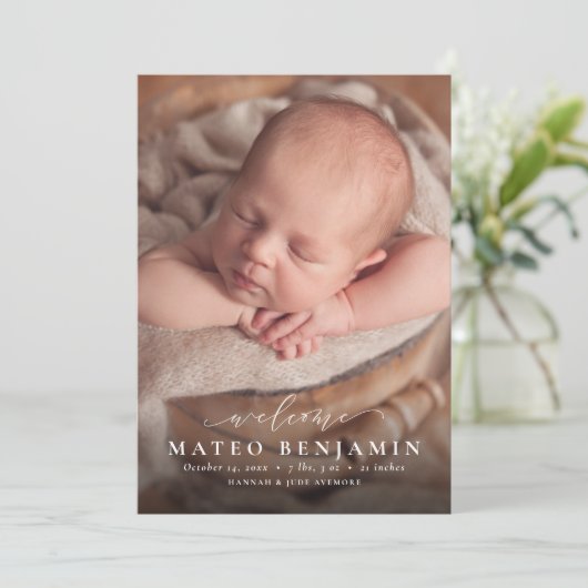 Faire-part Simple accueil script bleu photo naissance (Debout devant)