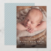 Faire-part Simple accueil script bleu photo naissance (Devant / Derrière)
