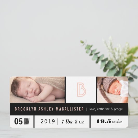 Faire-part Simple bébé fille Statistiques rose Monogramme 2 P (Debout devant)