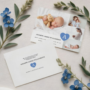 Faire-part Simple bébé garçon photo Collage bleu Monogramme C
